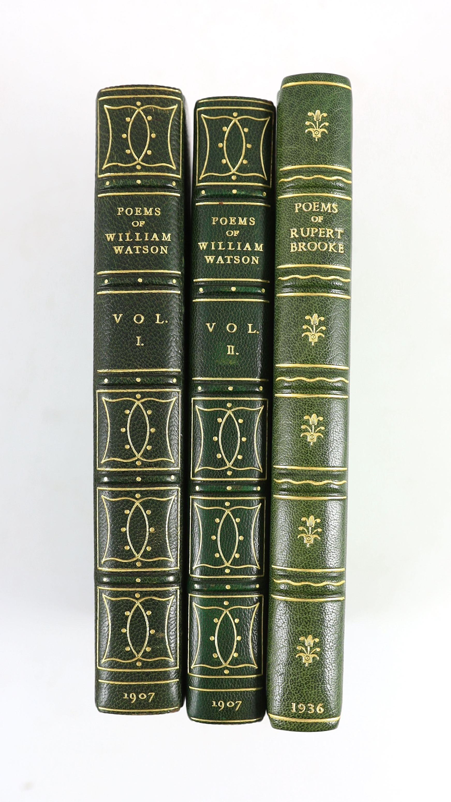Poetry rebound in fine bindings - 6 works - Gower, George Leveson - Poems, 8vo, crushed blue morocco by Birdsall, Northampton, front board monogrammed C.L.G., William Heinemann, London, 1902; Brooke, Rupert - The Complet